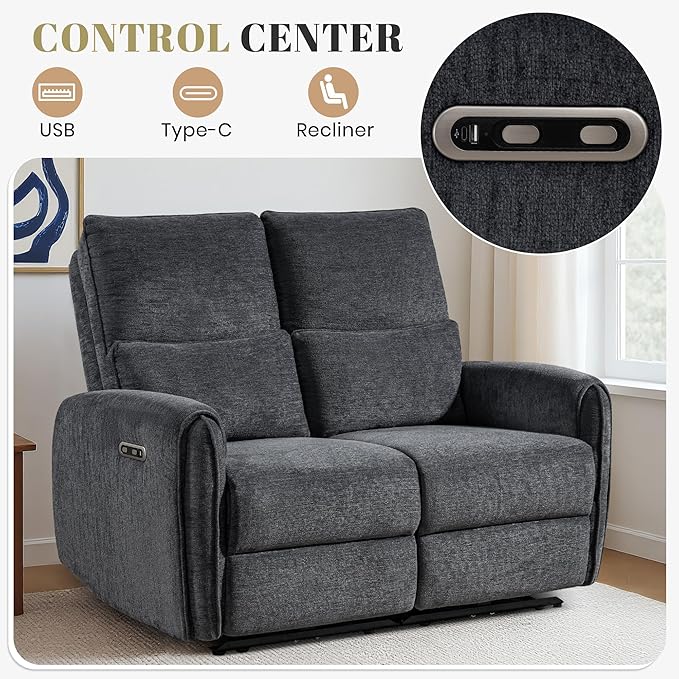 53.5 Zero Wall Hugger Power Reclining Loveseat Sofa with USB &amp Type-C Ports Electric Recliner Loveseat with Lumbar Pillows Small Space Wall Hugger Reclining Couch for Living Room &amp RV (Dark