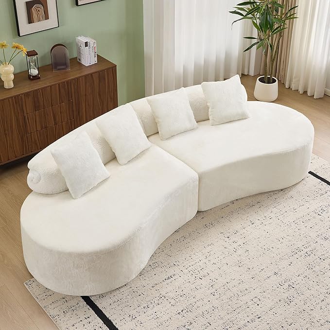Aoowow 111.4 Modular Sectional Sofa Modern Minimalist Curved Sofa Comfy Deep Seat Curved Sofa with 4 Pillows Memory Foam Couch with Chenille Fabric 3 Seater Cloud Couch for Living Room White