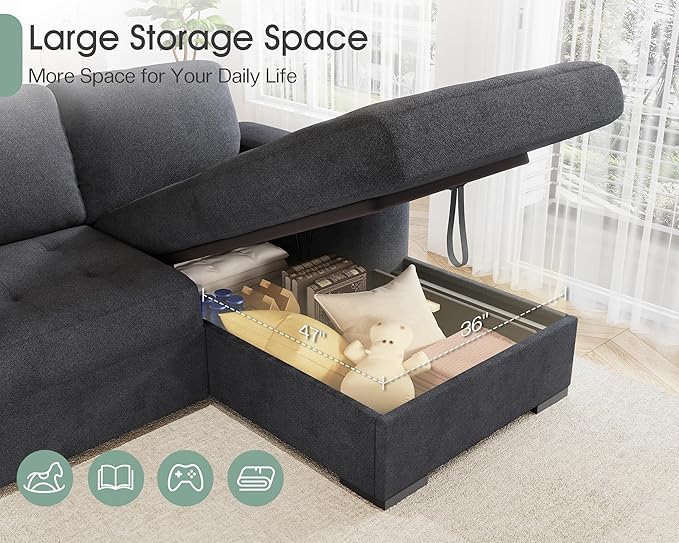 VanAcc 96 Sleeper Sofa Sofa Bed Couch with Storage Chaise Sleeper Couch with Pull Out Bed for Living Room(Grey)