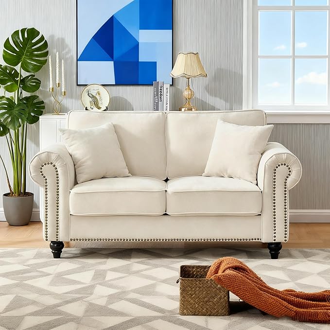 Loveseat Velvet Fabric Two- Seater Couch Buckle Design and Rivet Decoration Deep Seated Double Sofa Suitable for Living Room Bedroom Apartment Hotel etc (beige-07)