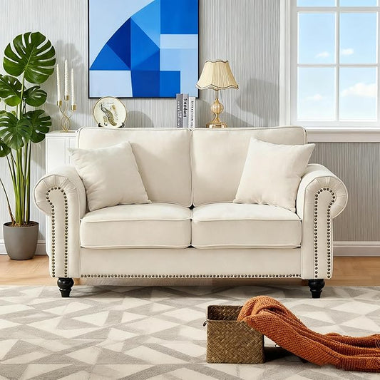 Loveseat Velvet Fabric Two- Seater Couch Buckle Design and Rivet Decoration Deep Seated Double Sofa Suitable for Living Room Bedroom Apartment Hotel etc (beige-07)