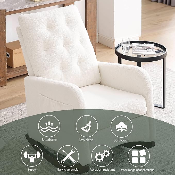 25.6 W Modern Accent High Backrest Living Room Lounge Arm Rocking Chair Two Side Pocket