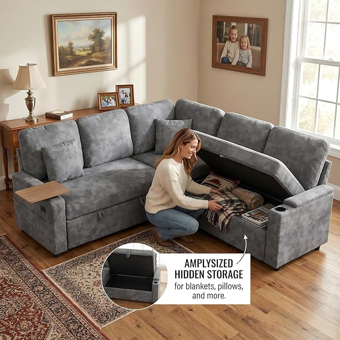 81 Modular Sectional Sofa L Shaped 5-Seater Sleeper Sofa with Pull Out Bed Hidden Storage Cup Holders &amp USB Charging Ports Sectional Couches for Living Room Chenille Grey