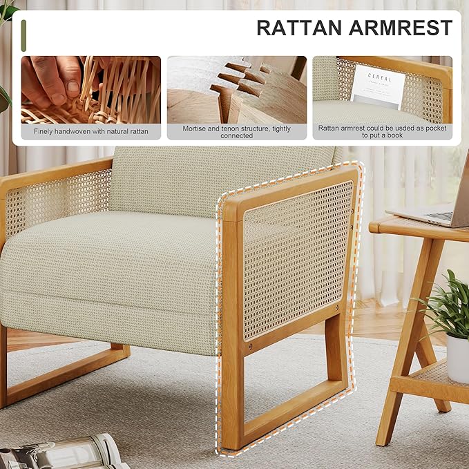 Upholstered Rattan Accent Chair Modern Linen Armchair with Ash Wood Legs Comfy Arm Chair for Living Room Bedroom Beige