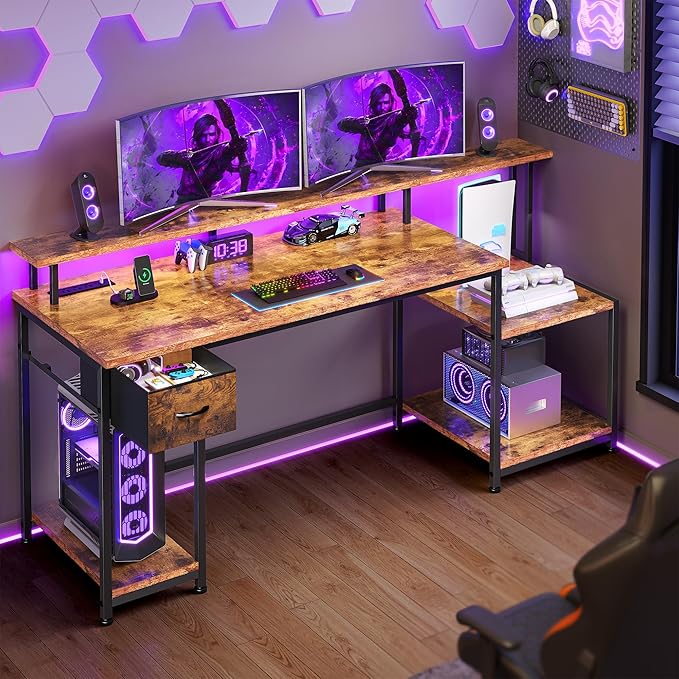55 Inch Computer Desk with DrawerOffice Desk with Printer Storage Shelves &amp File CabinetGaming Desk with LED &amp Power OutletStudy Table with Monitor Shelf for Home Office Dorm BedRoom Rustic