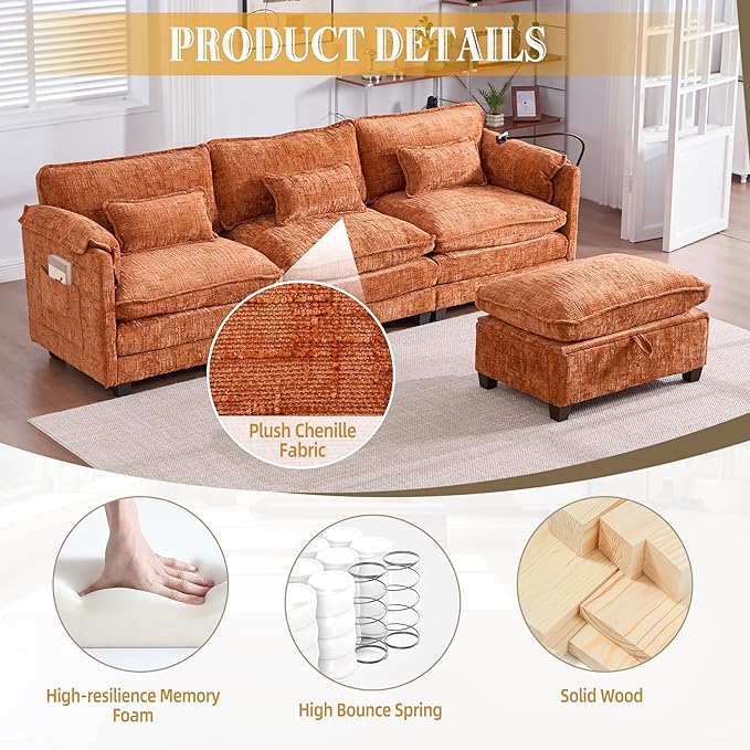 KEIKI 110 L-Shaped Boucle Modular Sectional Chenille Sofa with Ottoman &amp Memory Foam Cushion &amp Phone Holder &amp USB Upholstered Modern Oversized 4-Seater Couch Easy Assembly for Living R