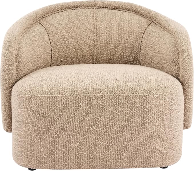 Scott Living Amanda Carly Low Profile Accent Chair Round Backrest Side Chair Living Room Armchair with Boucle Fabric Cushion Comfy Reading Chair for Bedroom Wooden Single Lounge Sofa Dark Beige