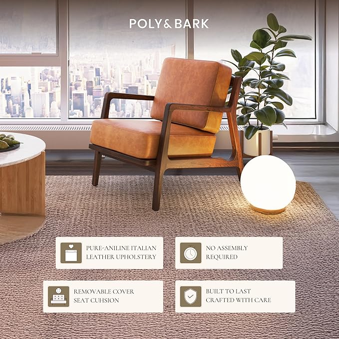 Poly &amp BARK Verity Leather Accent Chair – Armchair with Walnut Wood Frame – Fashion-Forward Lounge Seating for Living Room – Upholstered in Cognac Tan Leather for Modern Style