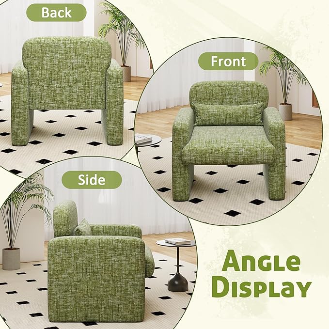 LSSPAID Modern Accent Chairs Chenille Fabric Armchairs for Living Room Comfy Upholstered Leisure Single Sofa Chair with Lumbar Pillow for Bedroom Balcony Office (Green Set of 1)