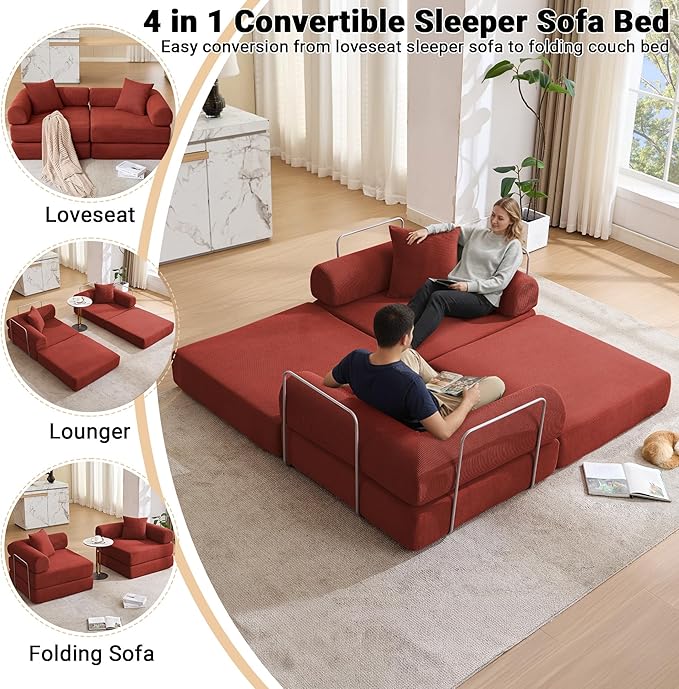 73 Convertible Sleeper Sofa Bed Corduroy Boneless Couch in a Box 4-in-1 Folding Mattress Loveseat Couch Comfy Modular Foldable Floor Sleeper Sofa with 2 Pillows and Fixed-Shape Frame (Red 73)