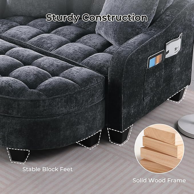 DEINPPA Oversized Accent Sofa Chair with Storage Ottoman Chenille Upholstered Comfy Chair with Throw Pillows for Living Room Reading Room Bedroom-Black