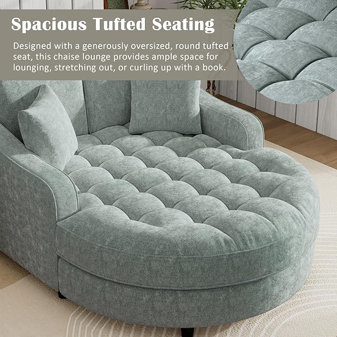 55 Oversized Chaise Lounge Chair Comfy Chenille Chaise Sofa Recliner Bed Upholstered Sleeper Couch Bed with Armrests and Detachable Pillows for Living Room Movie Room Bedroom (Green)