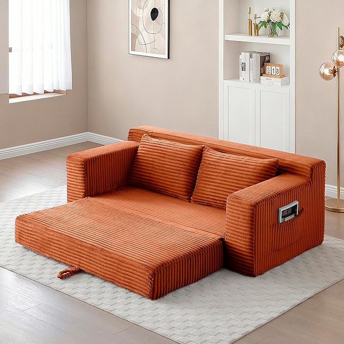 73 Convertible Sofa Bed 2 in 1 Corduroy Folding Couch with Pillows No Assembly Boneless Compression Sofa in Box Loveseat with Side Storage Pocket for Apartment Living Room Orange