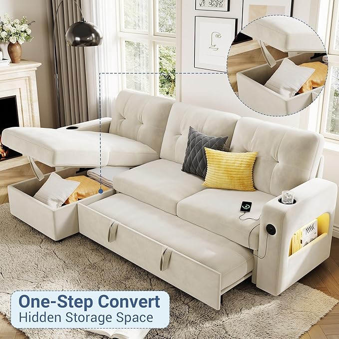 IDEALHOUSE 84 Sleeper Sofa with Storage &amp Charging Station Convertible Sectional Couch Bed with LED Lights Reversible Chaise Pull Out Sofa Bed for Living Room Apartment Velvet Beige