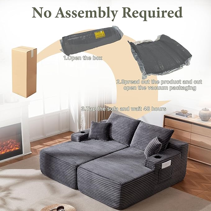 69 Upgraded Oversized Boneless Chaise Lounge Chair Indoor with cup holders and side storage pockets Soft Plush Corduroy Modular Love seat Sofa Deep Seat Sleeper Chairs for Living Room Grey.