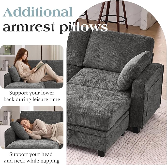 TUNYI 130 Sectional Couch with Storage Oversized Chenille Modular Sectional Sofa for Living Room Convertible Deep Seat Sofa Couches with Ottoman Armrest Pillow (Grey)