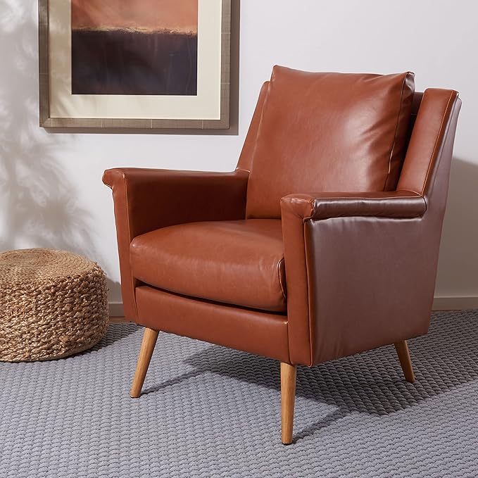 Safavieh Home Astrid Mid-Century Cognac Faux Leather and Natural Arm Chair