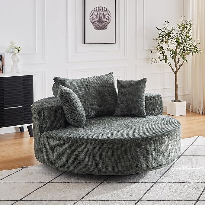 Oversized 360° Swivel Accent Chair for Living Room Modern 55’’ Comfy Chenille Extra Wide &amp Deep Seat Round Barrel Chair with Overstuffed Cushions No Assembly Needed Slate Green