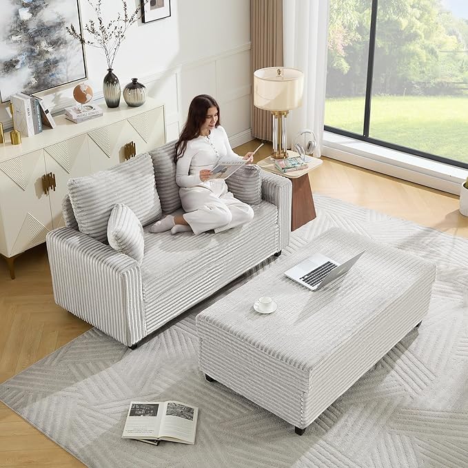 Tbfit 63.4 Oversized Loveseat with Storage Ottoman Comfy Chaise Lounge Chair Indoor Corduroy Sleeper Sofa Bed Modern Upholstered Love Seat Couch for Living Room Bedroom Apartment Grey | Breatha