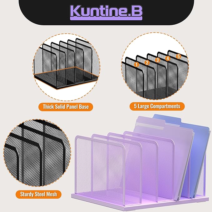 Kuntine.B Desk File Organizer Upright Mesh Desktop Organizer File Sorter Office Organization File Holder for Home Office &amp Classroom (Purple 1 Pack 5-Section)