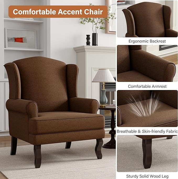 High Back Accent Chairs Set of 2 Upholstered Fabric Armchair for Living Room Mid Century Modern Club Accent Chair with Curved Armrests and Solid Legs Single Sofa Reading Chair for Bedroom Brown