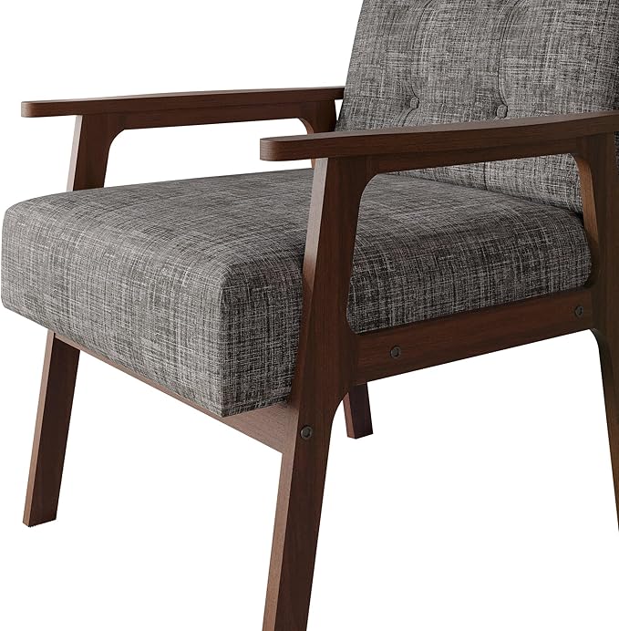 Accent Chair with Button-Tufted Linen Upholstery Wooden Armrests Cushioned Seat Easy Assembly Light Grey