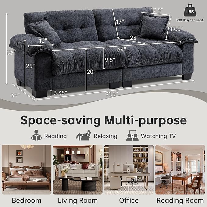 91.5 Modern Cloud Couch Sofa Comfy Chenille Couches for Living Room Easy to Assemble Apartment Black Couch with Wide Armrests Removable Cushion Fashion Cute Sofas with Pillows for Bedroom Office