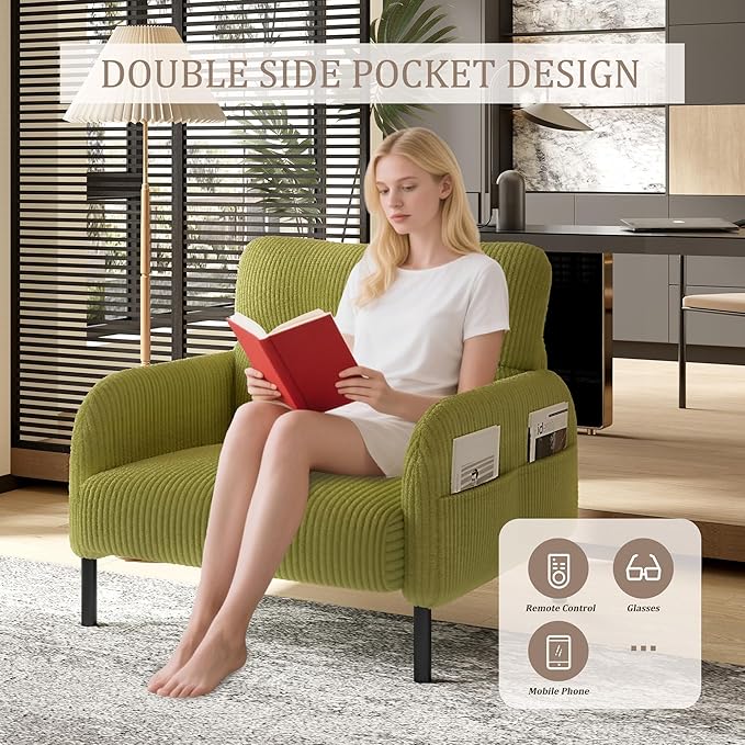 Olive Green Accent Chair - Corduroy Living Room Chairs with Side Storage Pockets and Durable Legs Comfy Arm Reading Chair with Soft Backrest for Bedroom Balcony Study Room