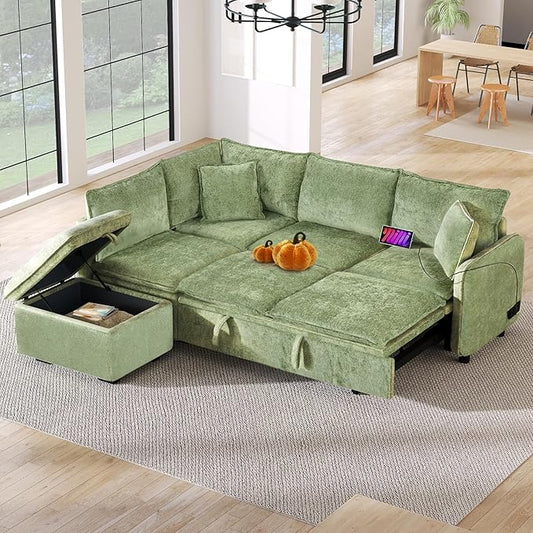82.67 Convertible Sofa Bed Sectional Sofa Sleeper Chenille L-Shaped Sofa with Movable Storage Ottoman and 2 Pillows Pull-Out Sofa Bed Corner Couch for Living Room Office Apartment (Green-CV)