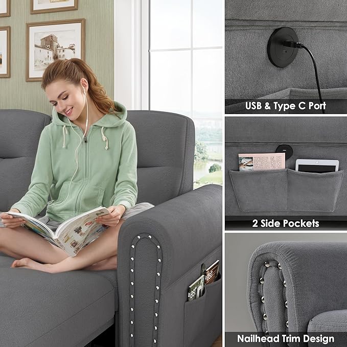 Sleeper Sofa Bed 87'' Sectional Couch with Reversible Storage Chaise &amp Nailhead Armrest Pull Out Couches for Living Room Side Pocket &amp Charging Station Removable Backrest Velvet Fabric D