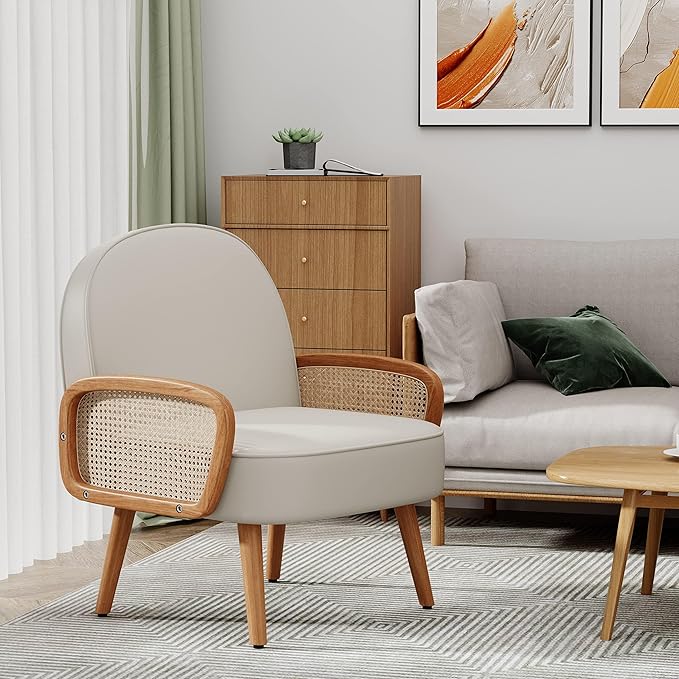 Accent Chairs Rattan Comfy Upholstered Modern Arm Chair for Living Room Chair Reading Bedroom Balcony Faux Leather Chair