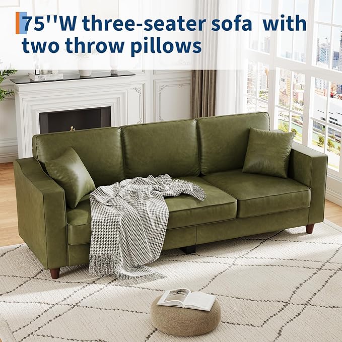 3-Seater Sofa Couch with 2 Throw Pillows 85 Inches Faux Leather Couch with Wide Armrests Deep Seats Wood Legs Back Cushion Sturdy Support Feet Couches for Living Room Office Olive Green