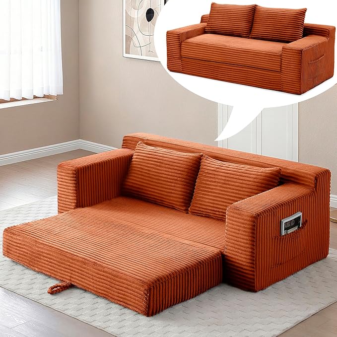 73 Cloud Loveseat Sofa Bed Orange - Boneless 2-Seater Couch No Assembly Convertible Folding 2-in-1 Design Small Space Corduroy Memory Foam Floor Lounge Couch for Bedroom Living Room (Orange)