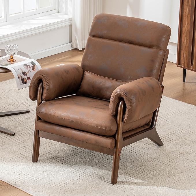 Mid Century Modern Accent ChairUpholstered Armchair with Solid Wood Frame &amp Soft Cushion for Living RoomReadingBedroomBelconySunroomBrown