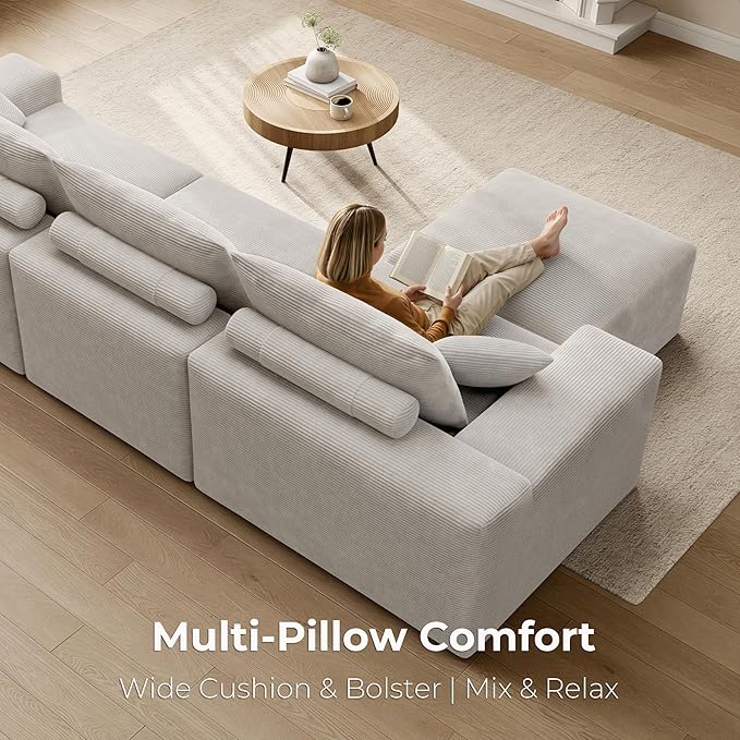 LIKIMIO Modular Sectional Sofa with Ottoman 120 Oversized Deep Seat Boneless Couch Corduroy Upholstery No Assembly Required Modern L-Shaped Living Room Sofa Greige