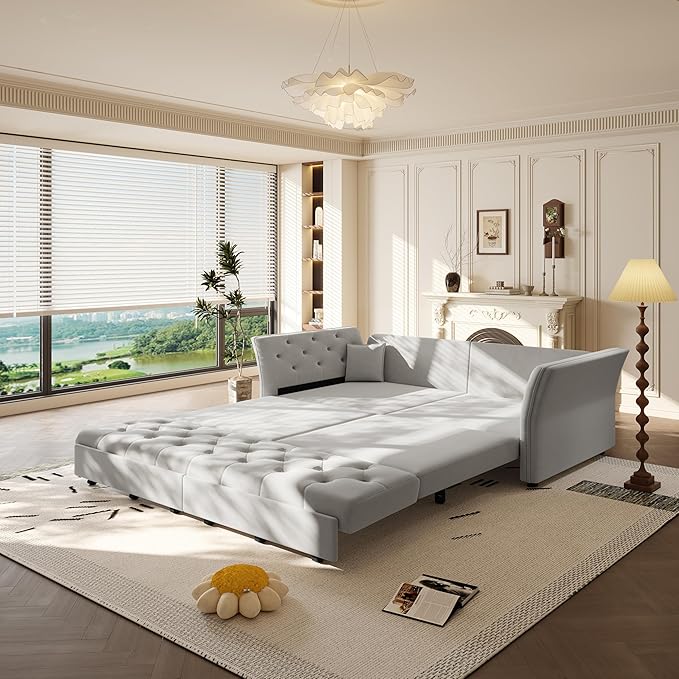 KEIKI 74.7 Queen Pull Out Sofa Bed Velvet Convertible Sleeper Sofa Button Tufted Chesterfield Sofa Pull-Out Couch Bed for Living Room Bedroom Apartment Light Grey