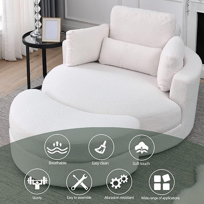 Yoglad Modern Swivel Accent Round Chair Barrel Sofa with Storage Ottoman Oversize Lounge Chair Linen Fabric Round Chair with Pillows for Living Room Office (Lvory 51)
