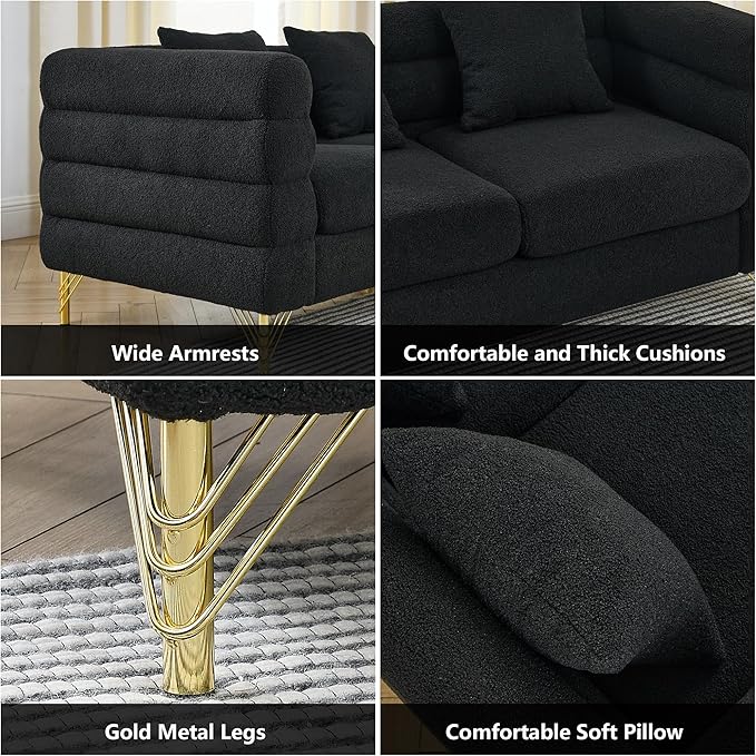mikibama Modern Teddy Loveseat Sofa 60 Inch Sectional Sofa Couch Luxury 2 Seater Deep Couch with 2 Pillows and Gold Metal Legs for Living Room Bedroom Apartment (Black)
