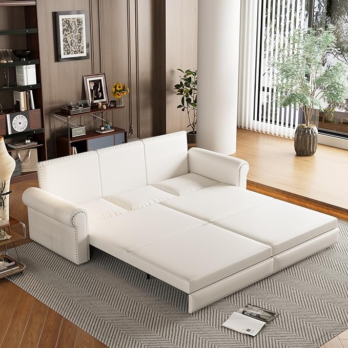 93.7 Chesterfield 3 Seater Pull Out Sofa Bed King Size with Pillows PU Leather 3-in-1 Convertible Sleeper Couch with Nails Trim Space Saving for Living Room Cream White