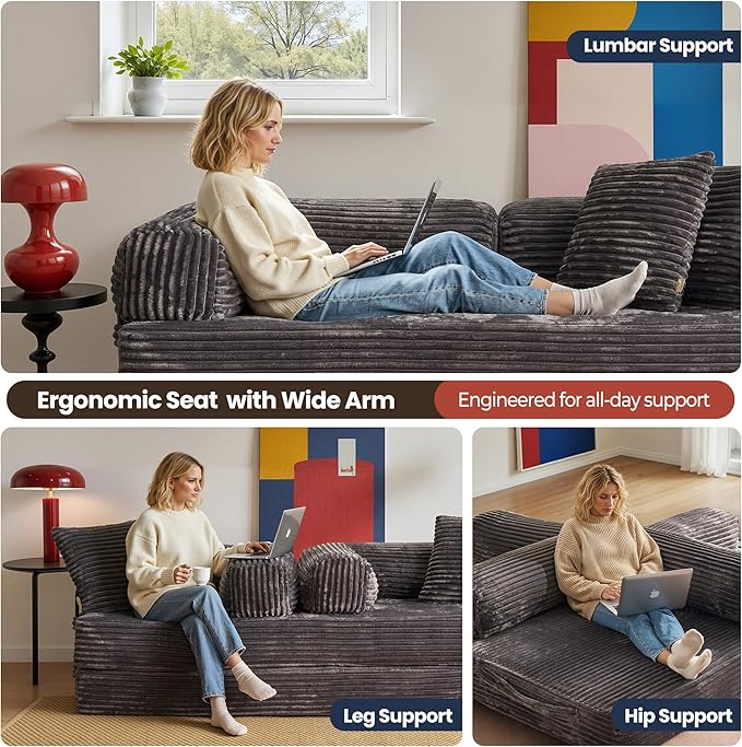4-in-1 Folding Convertible Sleeper Sofa Bed81 Plush Corduroy Boneless Couch Pull Out BedsLoveseat Floor Futon for Small Spaces Living Room Bedroom ApartmentGrey