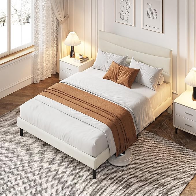 GarveeHome Queen Bed Frame with Headboard Upholstered Platform Bed Frame Queen Size with Sturdy Wood Slats Support No Box Spring Needed Easy Assembly Noise Free Beige Velvet