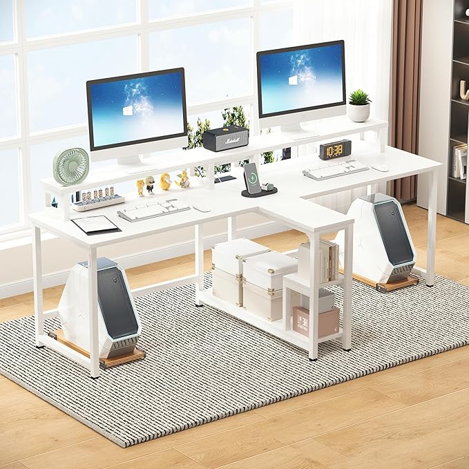 Mexin Double Desk for Two People - 83.7 Inch 2 Person Desk with Storage Shelves and Power Outlets Home Office Desk with Monitor Stand Long Gaming Desk Large Workstation White
