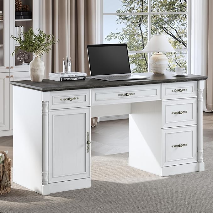 60 Farmhouse Executive Desk with Charging Station Home Office Desk with Drawers &amp File Cabinet Storage Keyboard Tray Wood Computer Desk with Storage for Work and Study Antique White