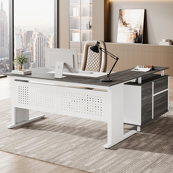 Tribesigns 63-Inch L-Shaped Executive Desk with Storage Shelves Large Office Computer Desk with Drawers and File Cabinet Industrial Business Workstation for Home Office Gray and White