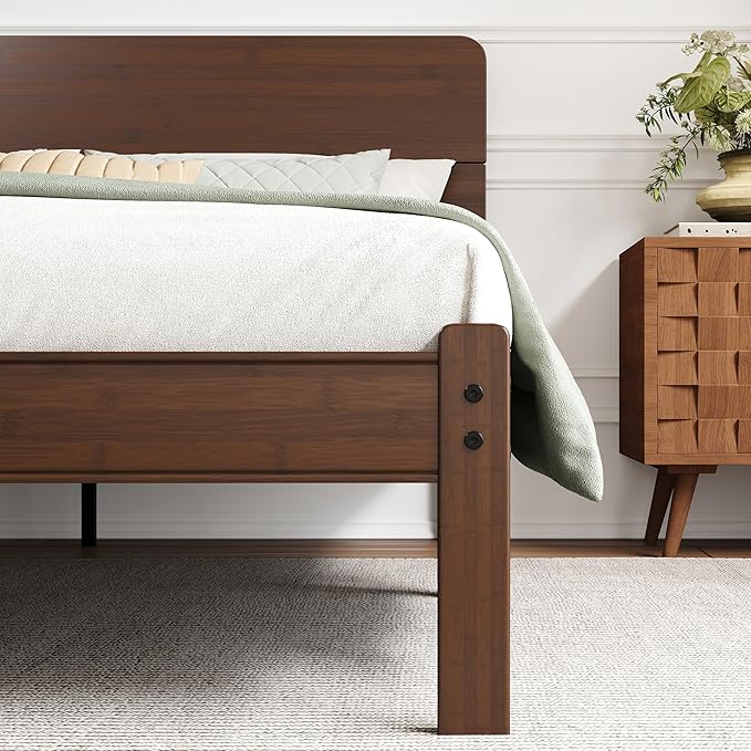 14in High Solid Bamboo Wood Platform Twin XL Bed Frame with Headboard Reinforced Heavy Duty Metal Slats Noise Free No Box Spring Needed Easy Assembly Walnut