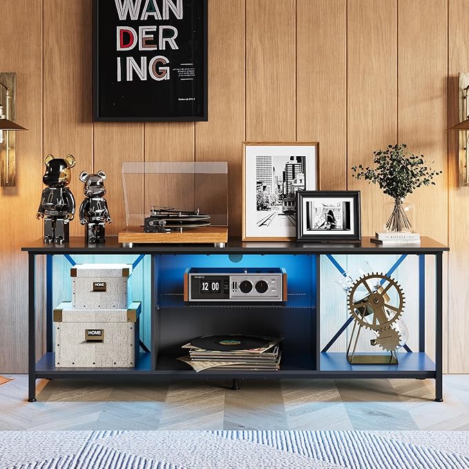 WLIVE Industrial TV Stand with LED Lights for Up to 65 TVs Waterproof &amp Scratch-Resistant Adjustable Shelves Modern Entertainment Center for Living Room Black