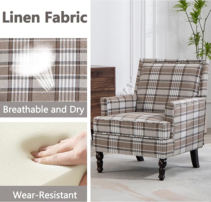 Accent Chair Plaid Modern Comfy Mid-Century Accent Chairs Upholstered Lounge Arm Chair with Solid Wood Frame for Living Room/Bedroom-Brown Plaid