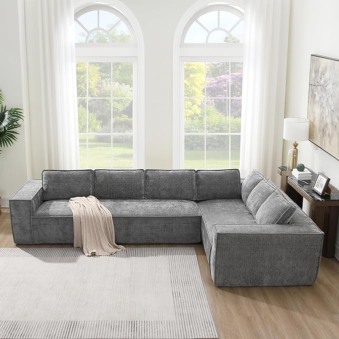 129.5 Minimalist Style Modular Sectional Sofa 6 Seat Wrinkle-Resistant Chenille Couch Set 2 PC Free Combination Modern L-Shaped Cloud Sofa Set for Living Room (Gray-ER11)