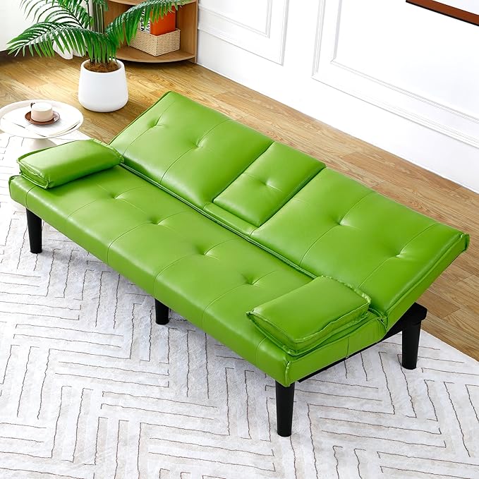 KEIKI 67 Convertible Sofa Bed with Cup Holder 3 in 1 Futon Sofa Bed PVC Sleeper Sofa Chair for Living Room Office Green
