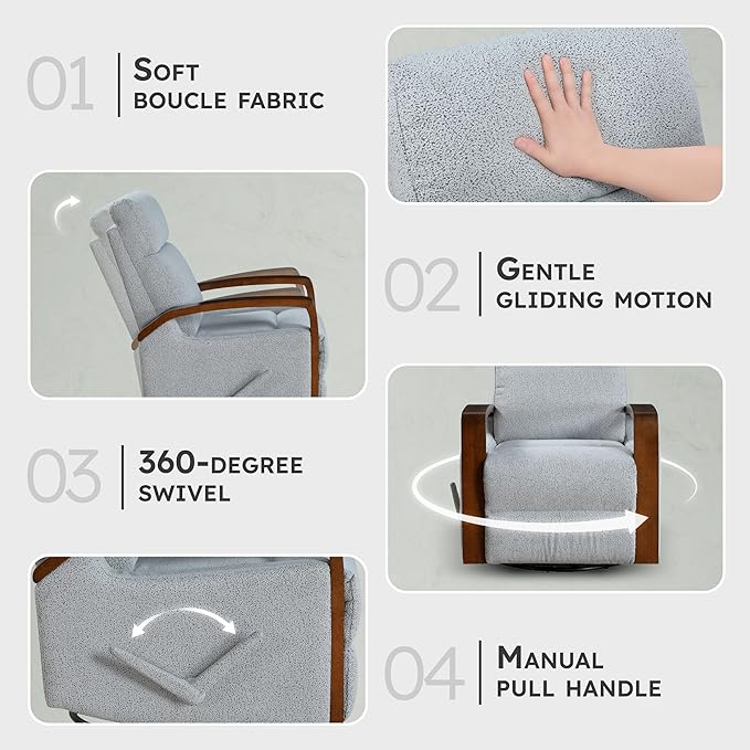 Lexicon 360 Degree Swivel Glider Reclining Chair Soft Boucle Manual Recliner Comfy Nursery Glider Recliner Wood Arms Pull Handle for Living Room/Office/Bedroom/Apartment Gray